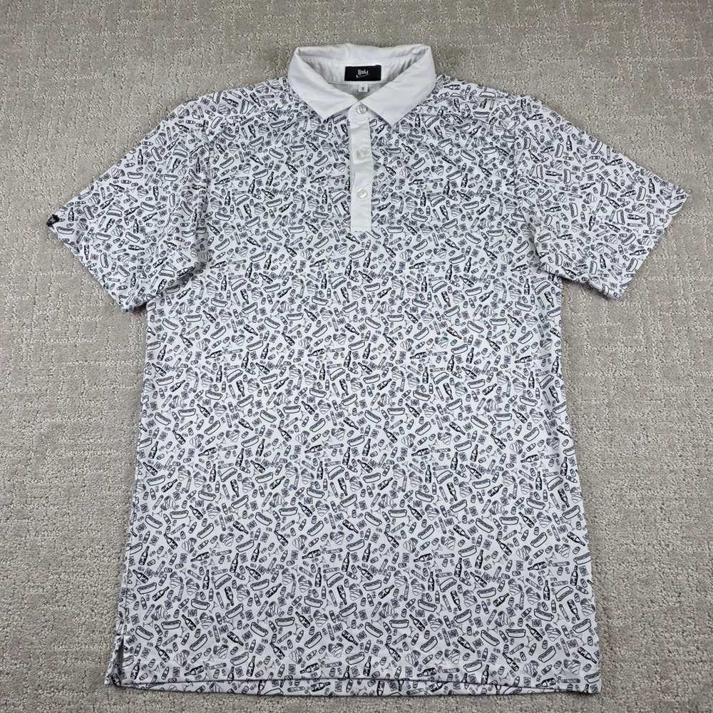 Links Golf Polo Shirt Mens Small White Novelty Hot Dog Beer‎ Print Performance